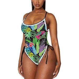 Women's Blue Ruched High Cut One Piece Tummy Control Swimsuit